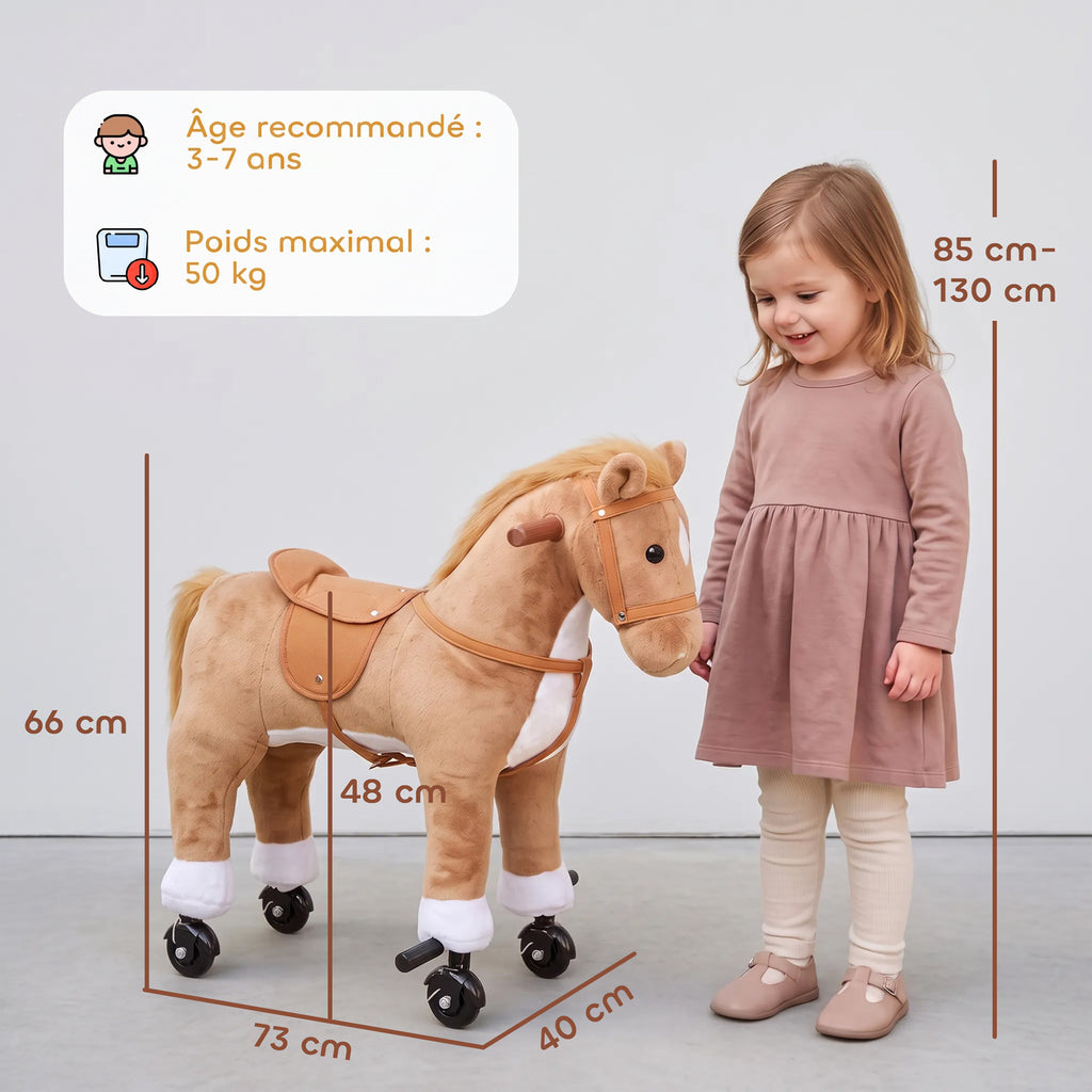 Cheval à Monter pour Enfant sur Roulettes en Peluche, Musique, Effet Sonore, Pédale, Poignée, 73x40x66cm, Marron-2