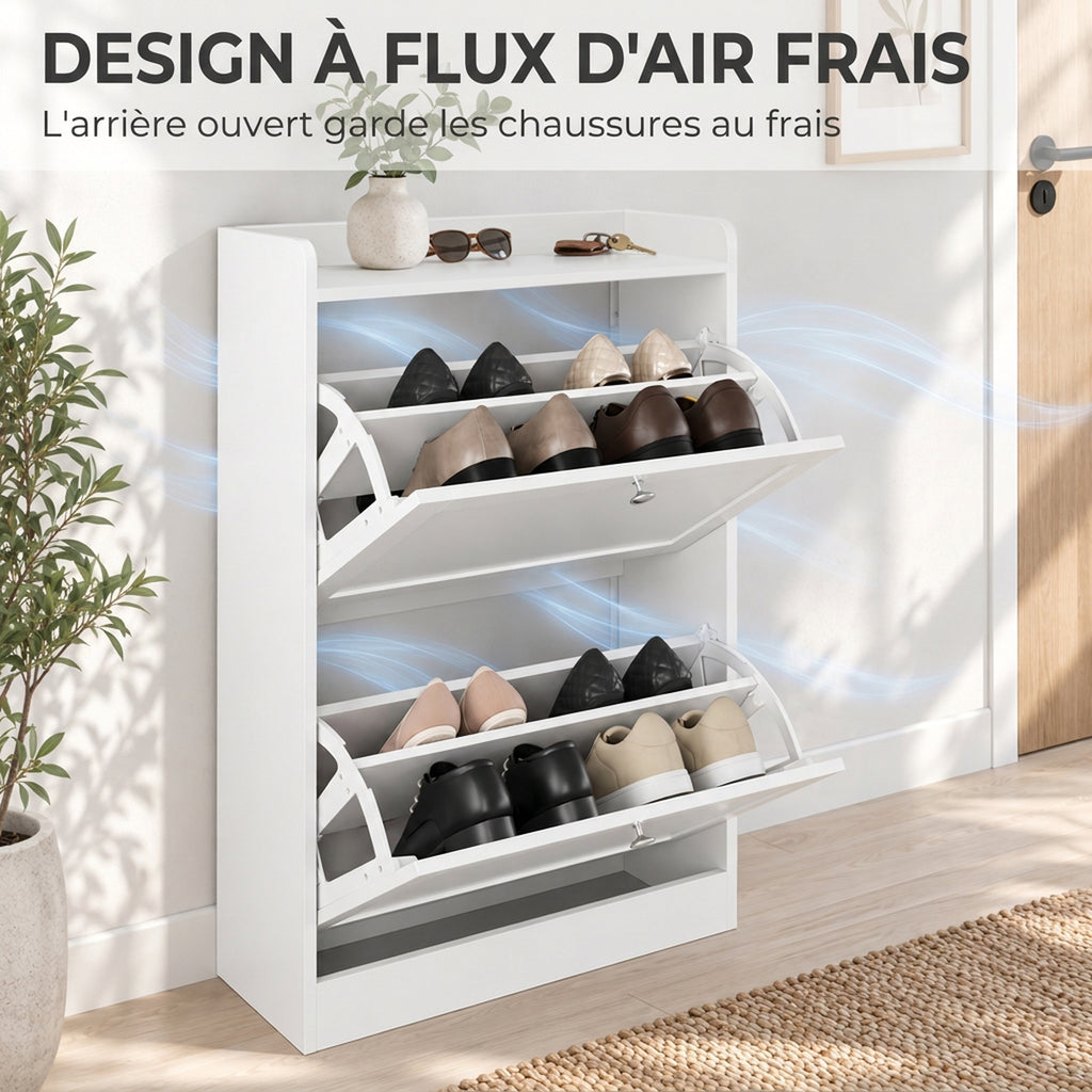 Meuble à Chaussures 10 Paires, Armoire à Chaussures Étroite avec 2 Tiroirs Rabattables, Étagères Réglables, Blanc-6