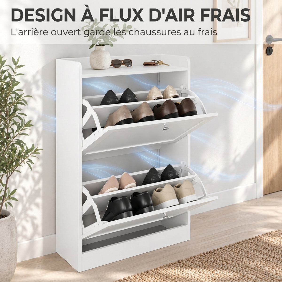 Meuble à Chaussures 10 Paires, Armoire à Chaussures Étroite avec 2 Tiroirs Rabattables, Étagères Réglables, Blanc-6