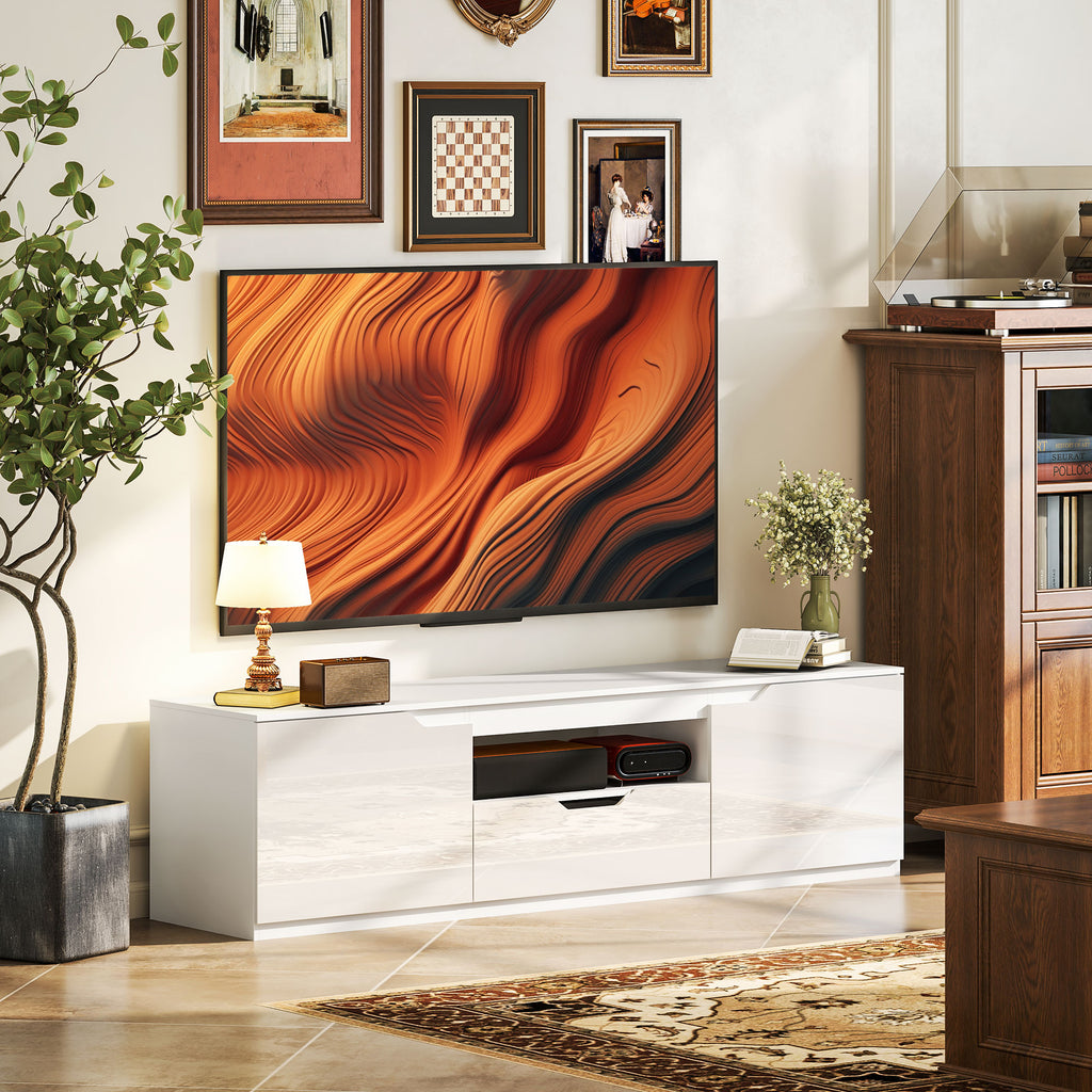 Meuble TV 160 cm, meuble télé pour téléviseur jusqu'à 65 pouces avec 2 portes et tiroir, blanc-1