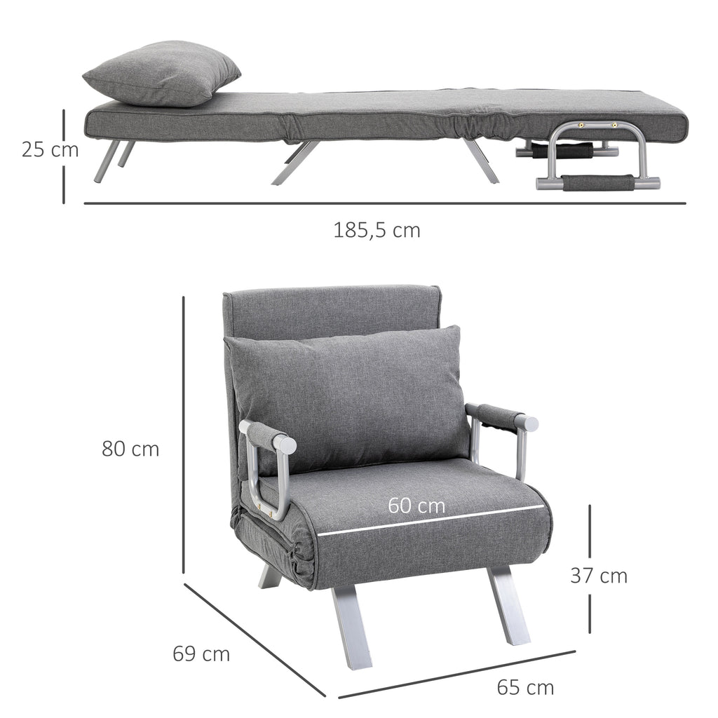 Fauteuil chauffeuse canapé-lit Convertible 1 Place déhoussable Grand Confort Coussin Pieds accoudoirs métal Lin Gris Clair-2