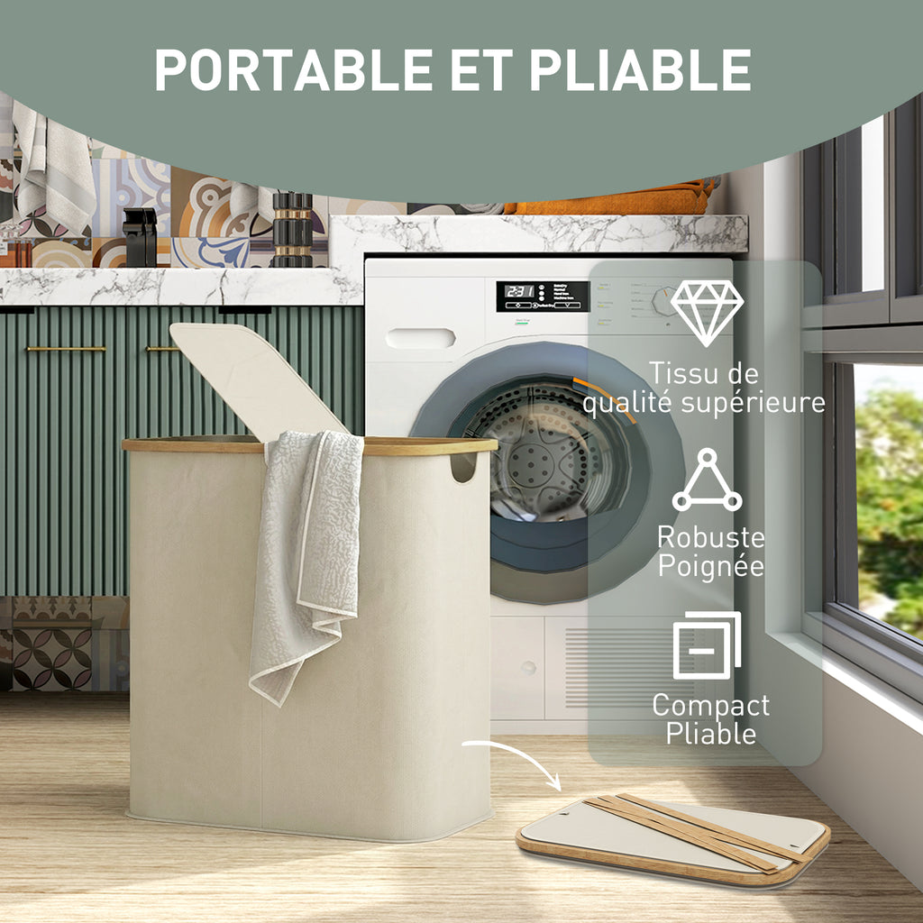 Panier à linge double pliable 80 L corbeille à linge sale avec couvercle, poignées rainurées, beige-5