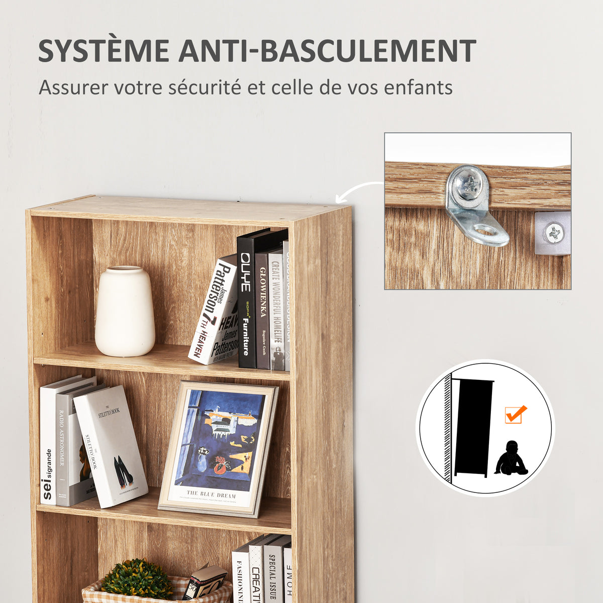 Bibliothèque, étagère de rangement à 5 niveaux avec étagères réglables, 63 x 29,2 x 176 cm, bois naturel-4
