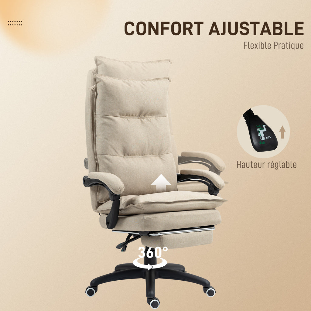 Fauteuil de bureau massant avec hauteur réglable, dossier inclinable, repose-pied intégré et télécommande filaire beige-6
