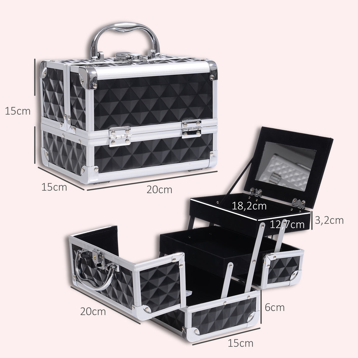 Mallette à maquillage rangement à 3 niveaux avec miroir verrouillage avec 2 clés dim. 20L x 15l x 15H cm noir-2