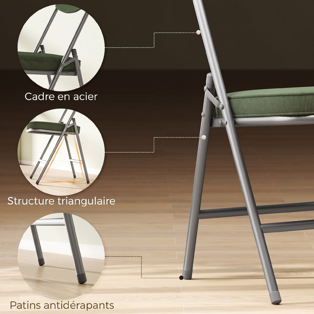 Lot de 2 chaises pliantes chaises de salle à manger portables avec assises et dossiers rembourrés en velours côtelé vert-5