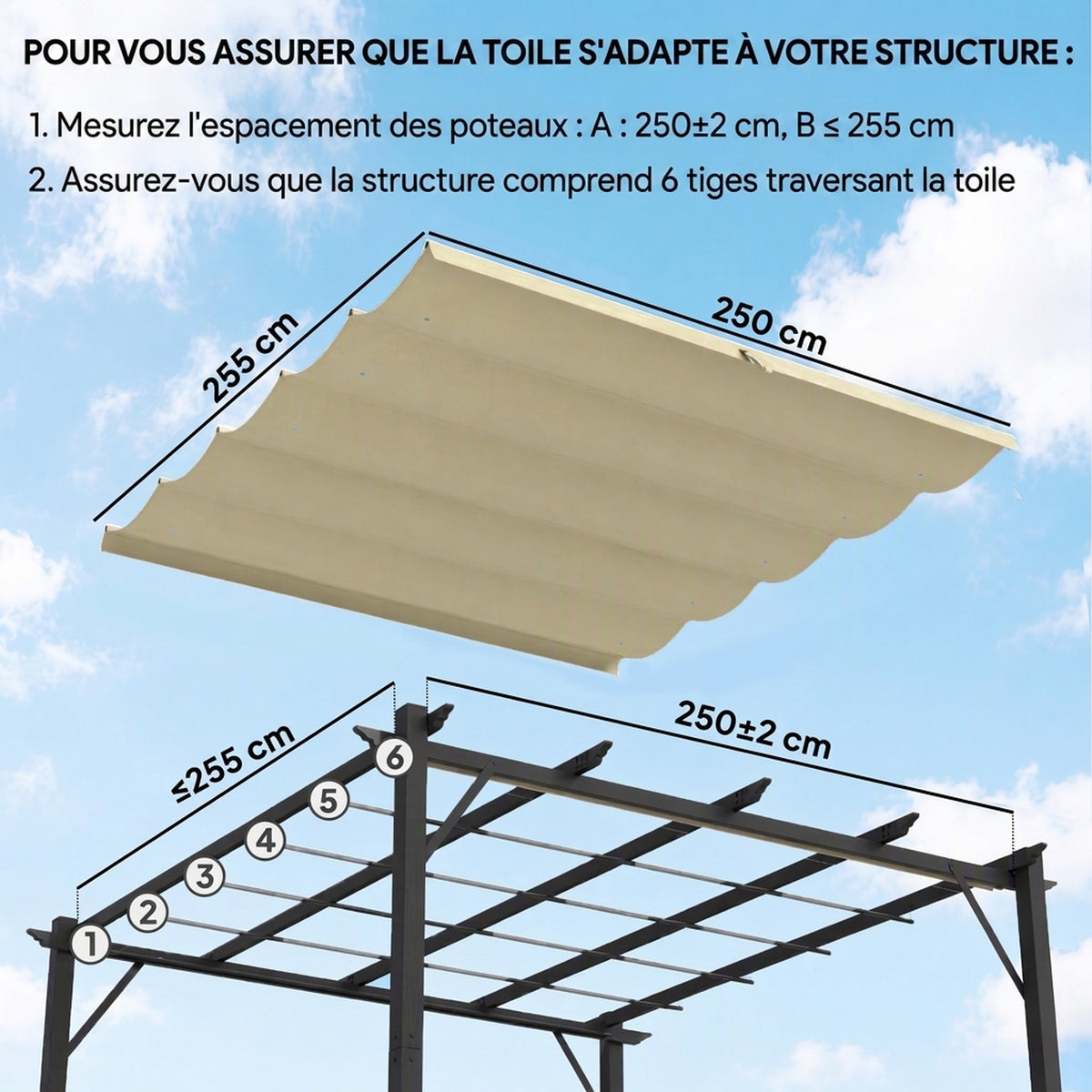 Toile de toit pour pergola tonnelle rétractable de 3 x 3 m - toile uniquement 250 x 255 cm beige-3