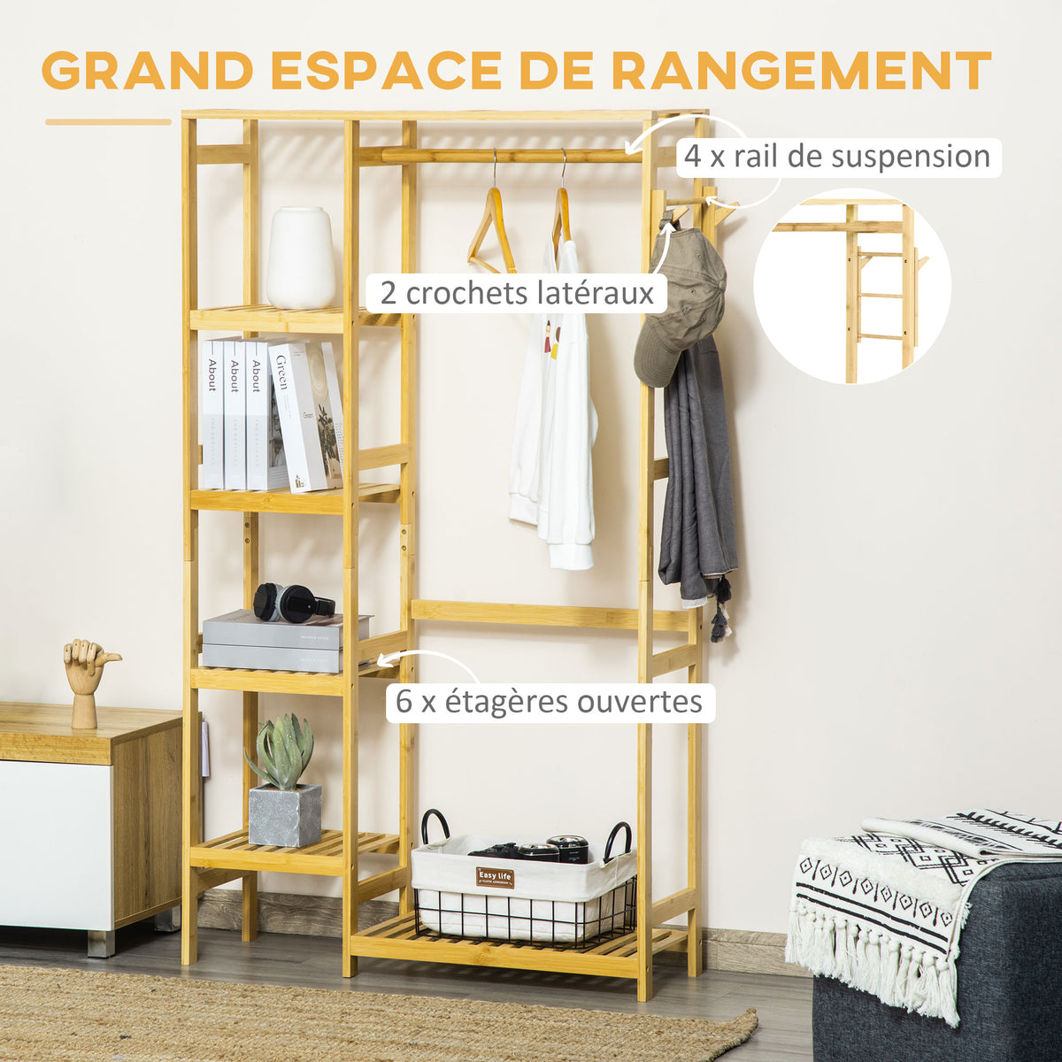 Portant à Vêtements Bambou Penderie Porte-Manteaux avec étagères, Tringle et 2 patères - dim. 90L x 30P x 155H cm-3