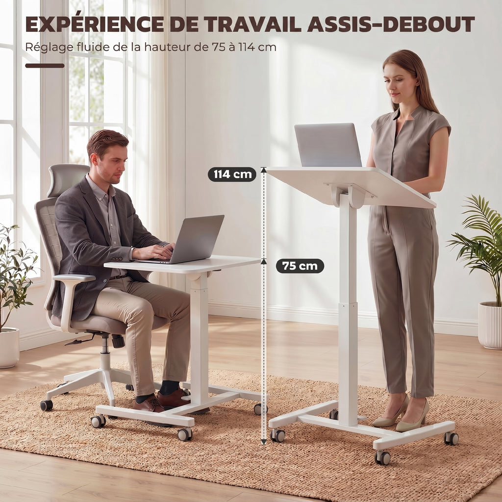 Bureau Debout Réglable en Hauteur, Plateau Inclinable, Roulettes et Cadre en Acier, 60,5 x 52 x 75-114 cm, Blanc-3