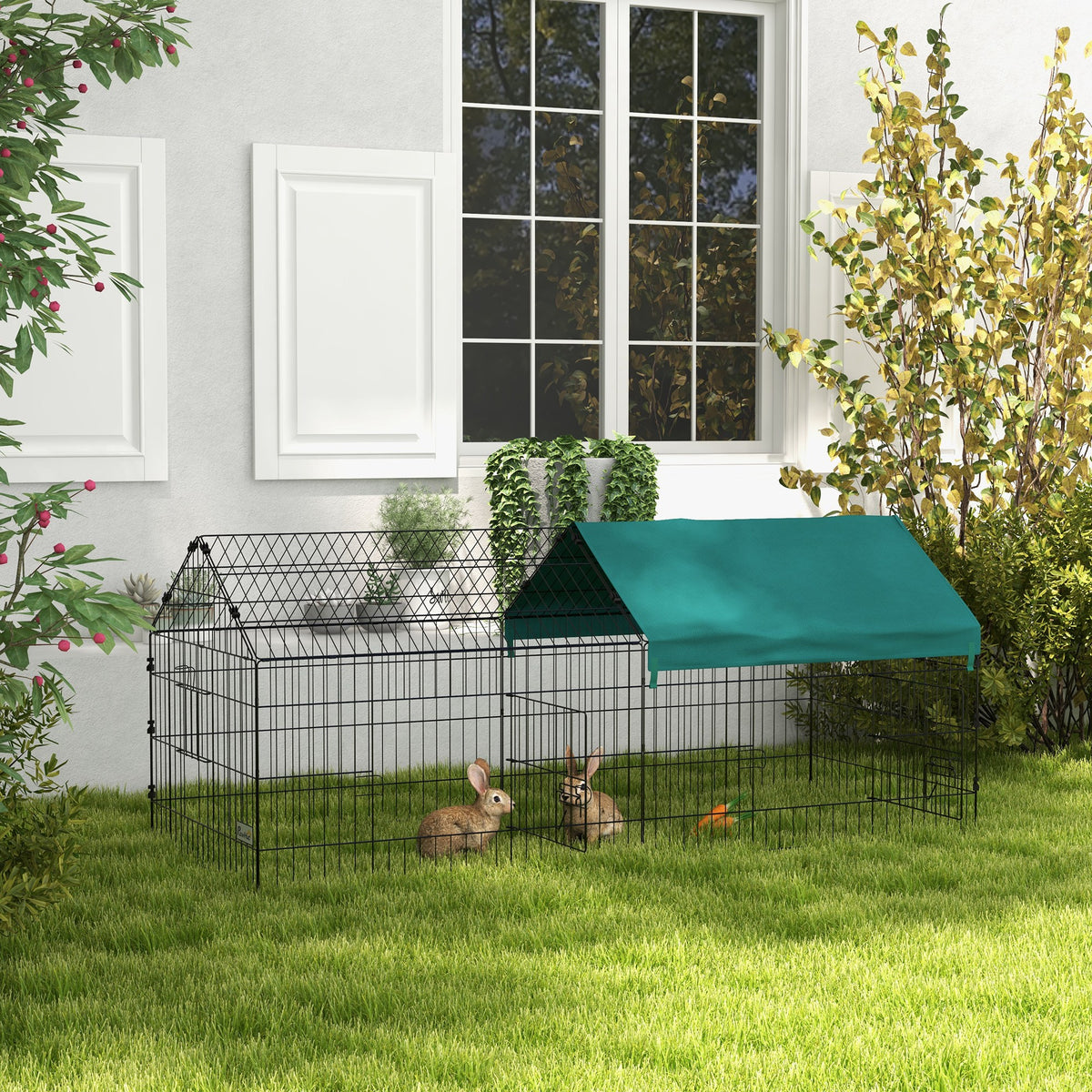 Parc enclos cage lapin extérieur structure acier avec protection solaire et portes verrouillables 185 x 75 x 75 cm vert-1