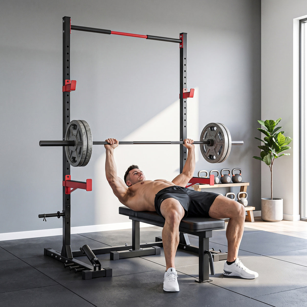 Power Tower Multifonction Charge 500 kg Largeur Réglable, Barre de Traction, Rack de Squat, 176x106x212cm, Rouge-9
