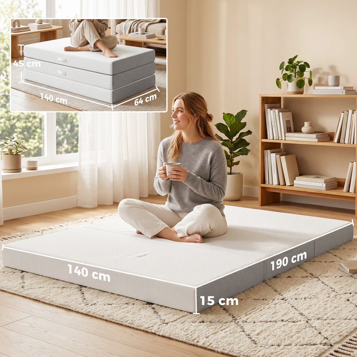 Matelas Pliant en 3 Parties, 140x190x15cm, Matelas d'Appoint en Mousse à Mémoire de Forme au Gel, Blanc-2
