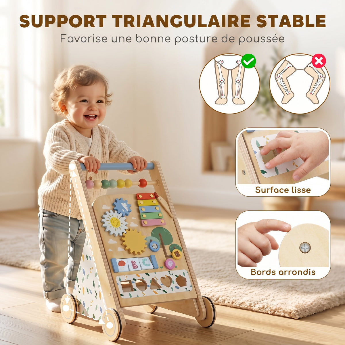 Trotteur Bebe en Bois, Chariot de Marche Bébé avec Centre d'Activités, Vitesse Réglable et 5 Blocs, dès 18 Mois, Naturel-5