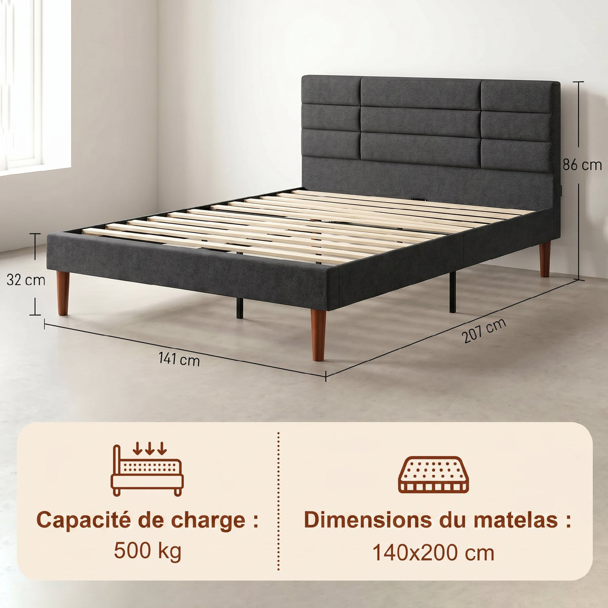 Cadre de Lit 140 x 200 cm avec Sommier Bois, Lit Double Rembourré en Effet Lin, Rangement au-dessous, Sans Bruit, Gris-2