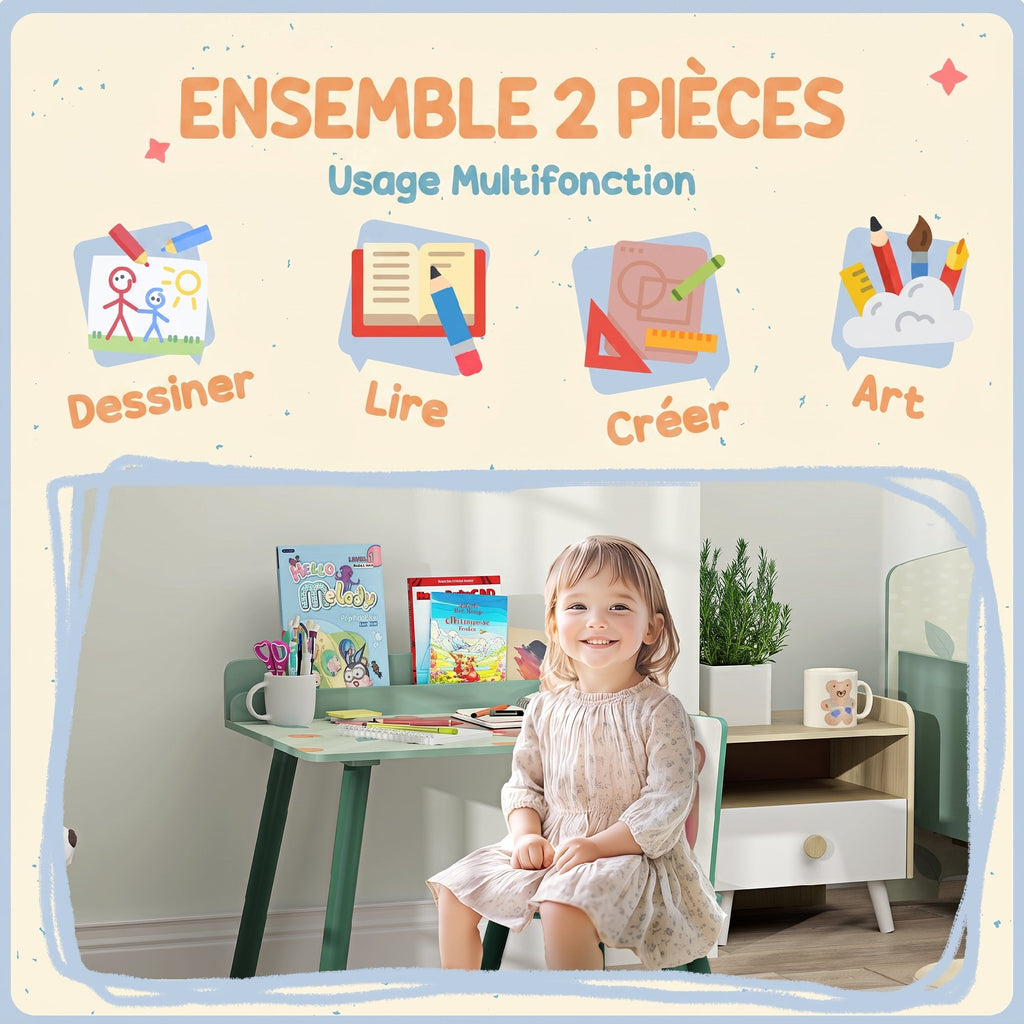Table Enfant avec Chaise, Ensemble Table et Chaise en Bois pour Dessiner, Jouer, Étudier, Cadeau pour 3-8 Ans, Vert-3
