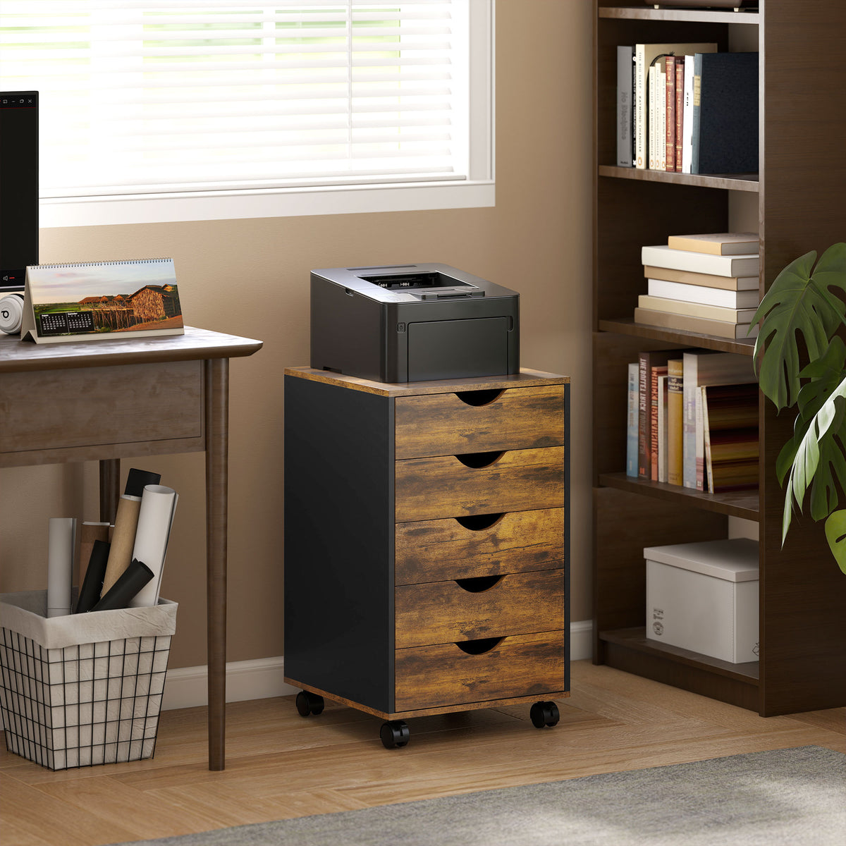 Caisson bureau mobile, meuble rangement sur roulettes avec 5 tiroirs, bois, 40 x 40 x 67 cm, marron-9