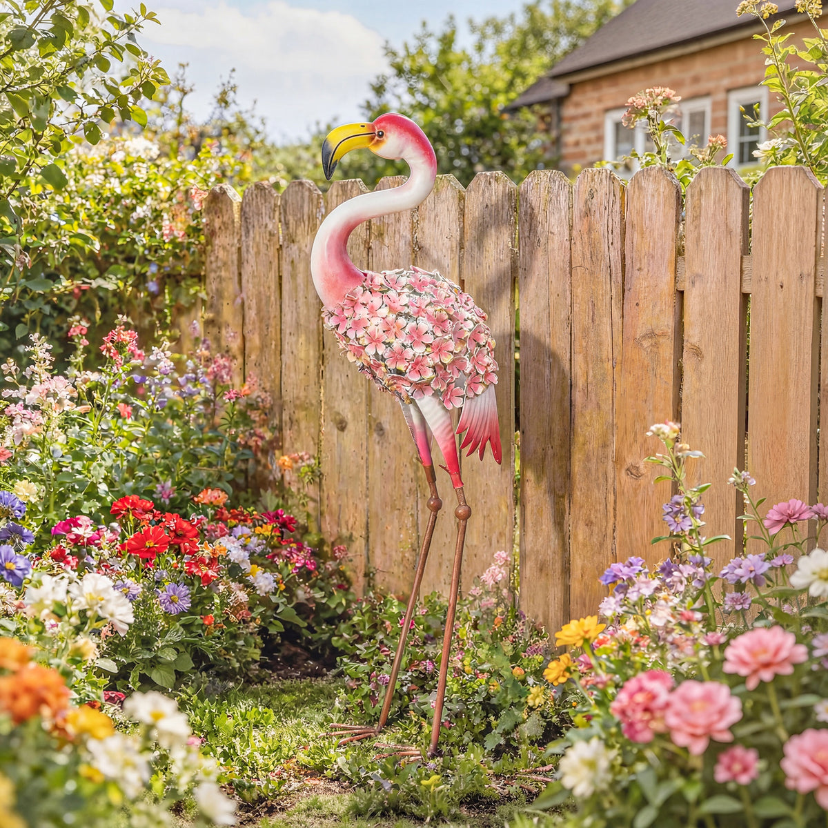 Statue de Jardin Flamant Rose, Sculpture d'Oiseau en Métal avec Plumes Florales, 28 x 19 x 83 cm, Rouge-1