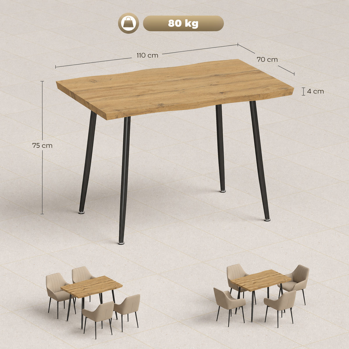 Table à Manger pour 4 Personnes, 110 x 70 x 75 cm, Table de Cuisine Rectangulaire, Plateau Épais Effet Bois, Chêne-2