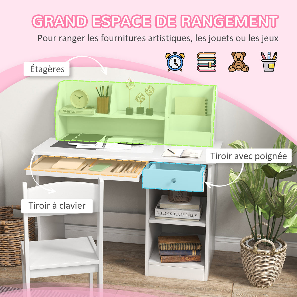 Bureau enfant avec chaise ergonomique avec clavier coulissant tiroir niches et étagères ouvertes 90 x 45 x 90 cm blanc-3