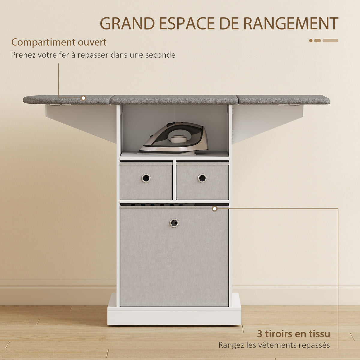 Meuble à Repasser, Table à Repasser sur Roulettes, Plateau Rabattable, Compartiment Ouvert et 3 Tiroirs en Tissu, Blanc-5