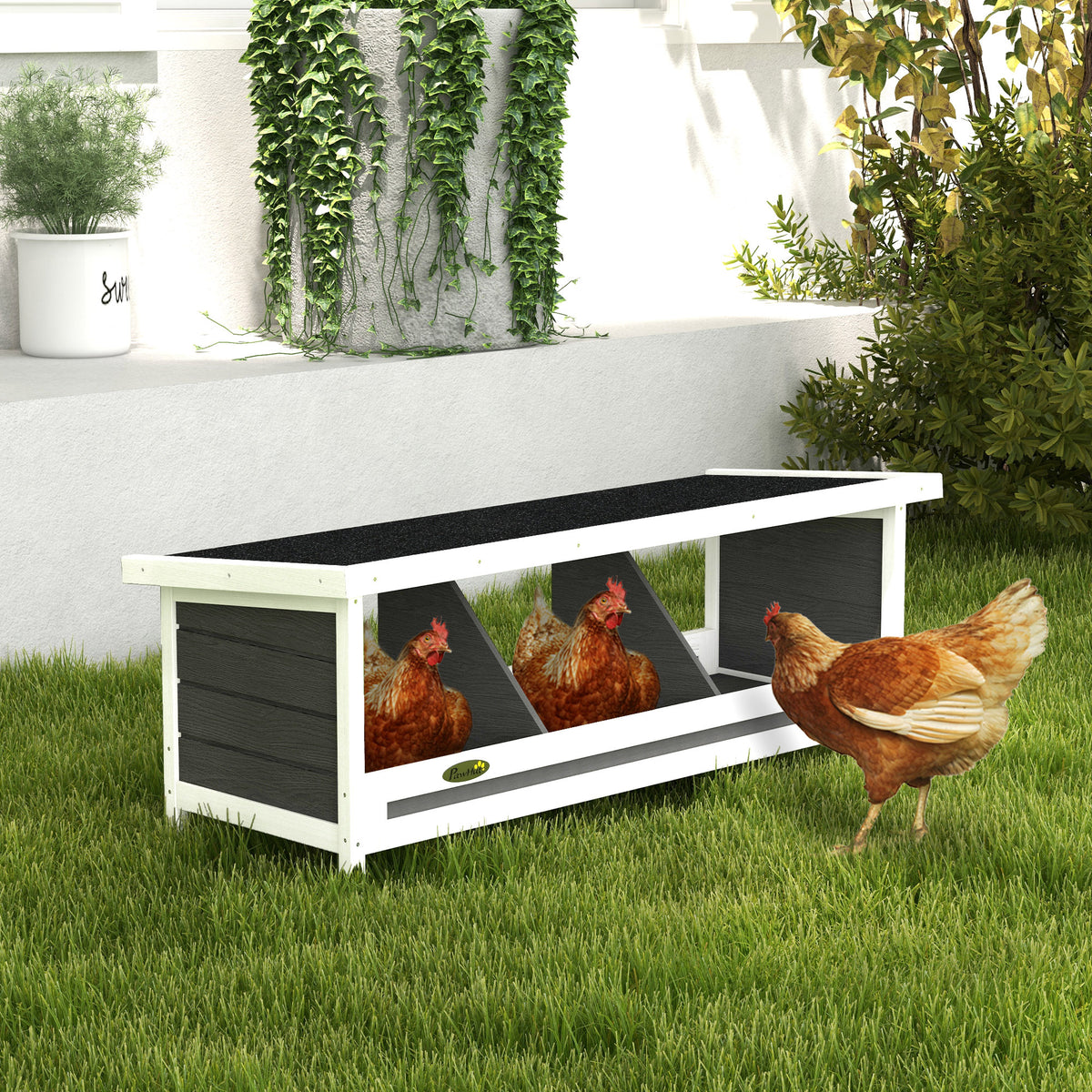 Pondoir nichoir pour poules 3 emplacements avec toit asphalte structure en bois 95 x 37 x 34 cm gris noir-1