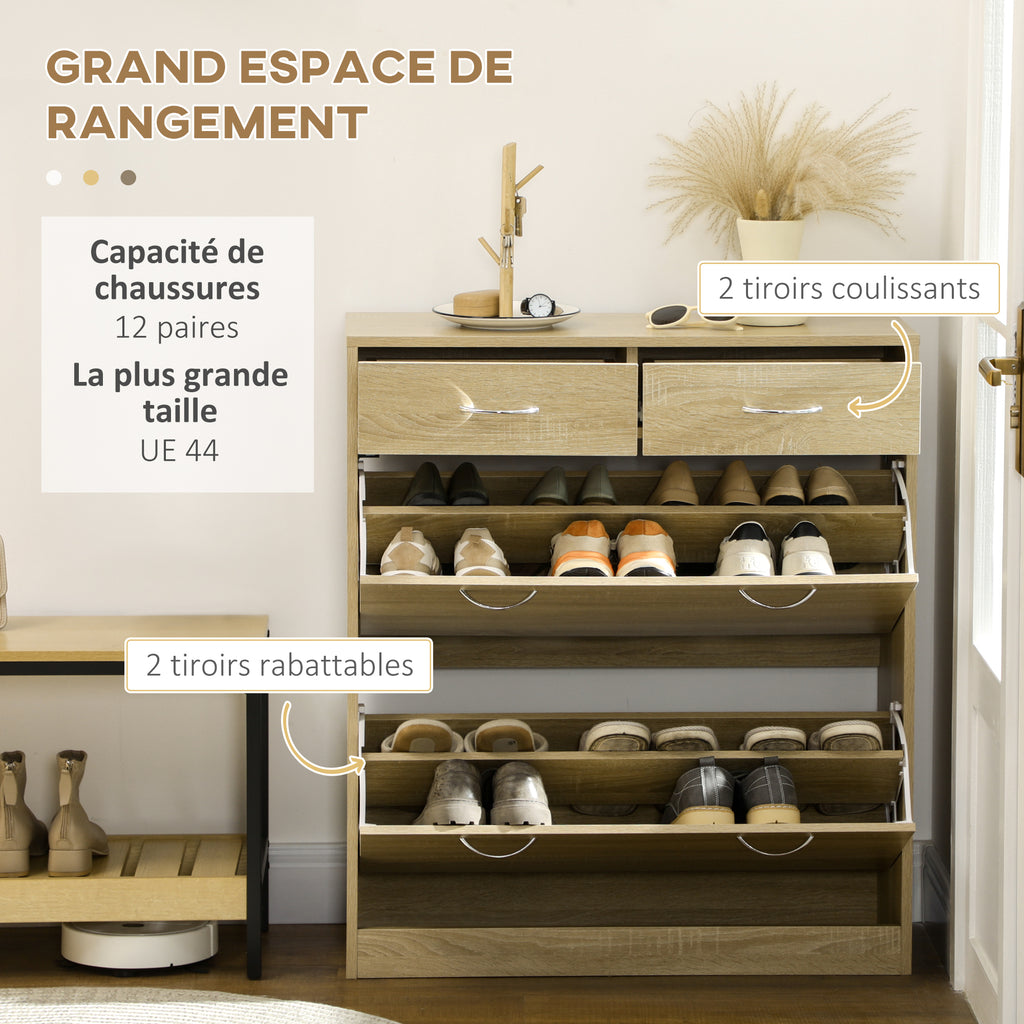 Meuble à chaussures 2 tiroirs et 2 portes abattantes avec étagère réglable 80 x 30 x 91,5 cm poignées alu. naturel-3