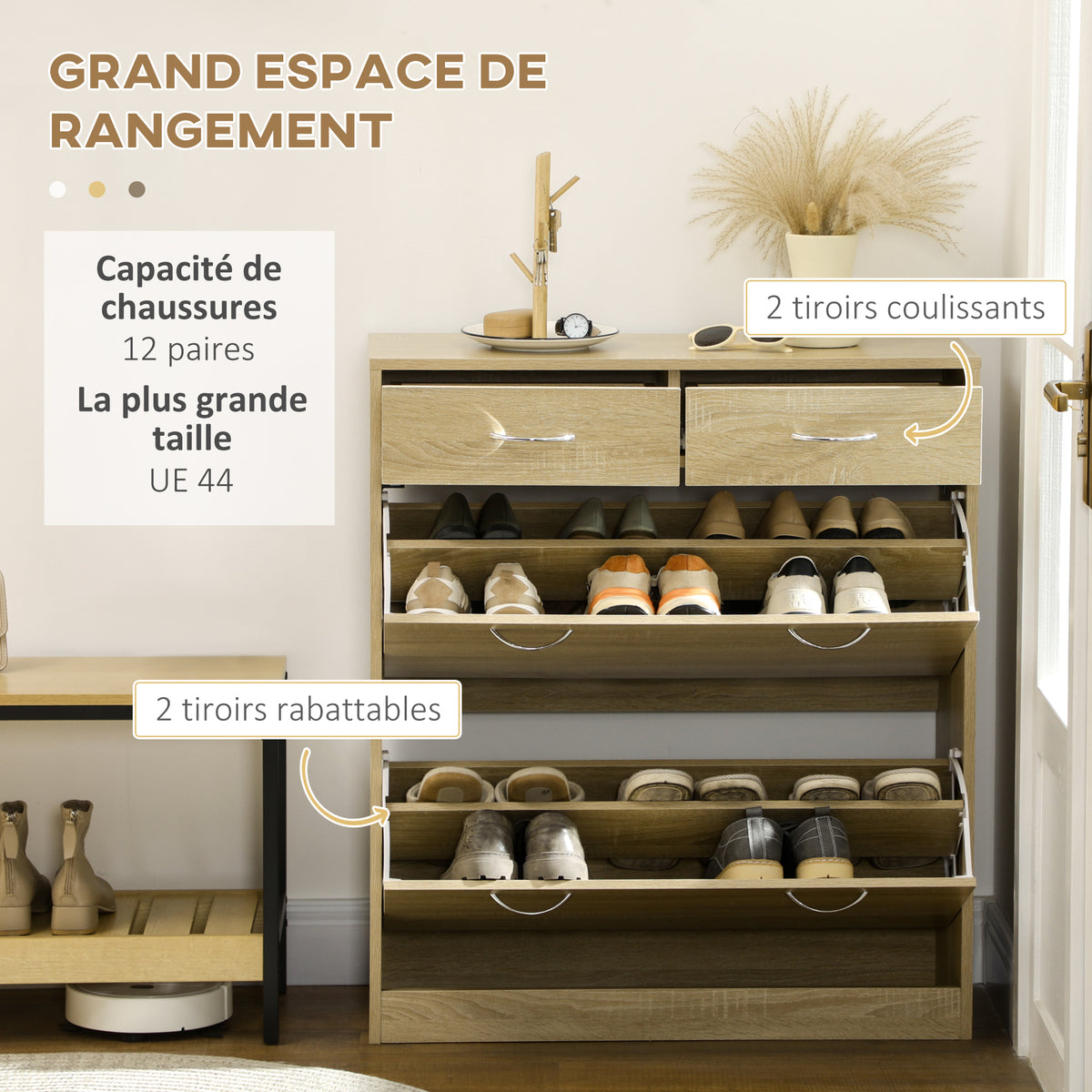 Meuble à chaussures 2 tiroirs et 2 portes abattantes avec étagère réglable 80 x 30 x 91,5 cm poignées alu. naturel-3