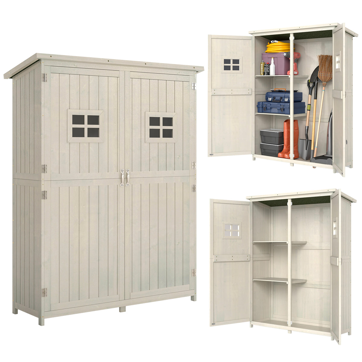 Abri de Jardin en bois Armoire de Jardin dim. 127,5L x 50l x 164H cm 2 étagères 2 Portes 2 fenêtres Toit bitumé étanche Bois Massif Sapin pré-huilé Gris-0