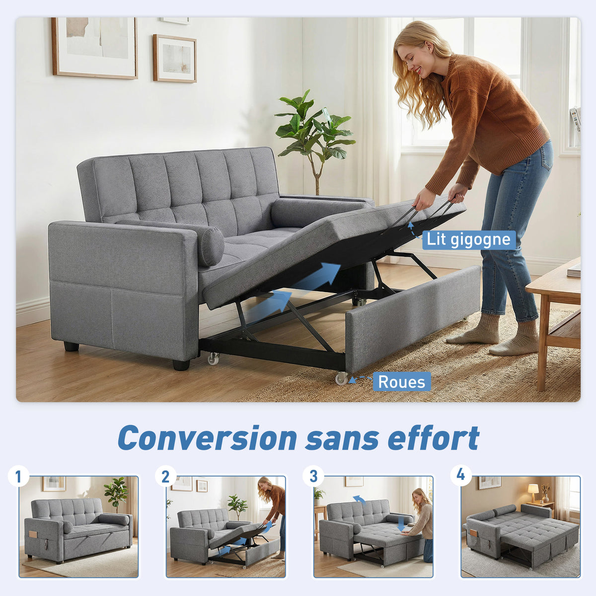 Canapé convertible 2 places 3 en 1 canapé-lit avec lit gigogne double dossier réglable 2 coussins 80,5x137,5x84cm gris-3