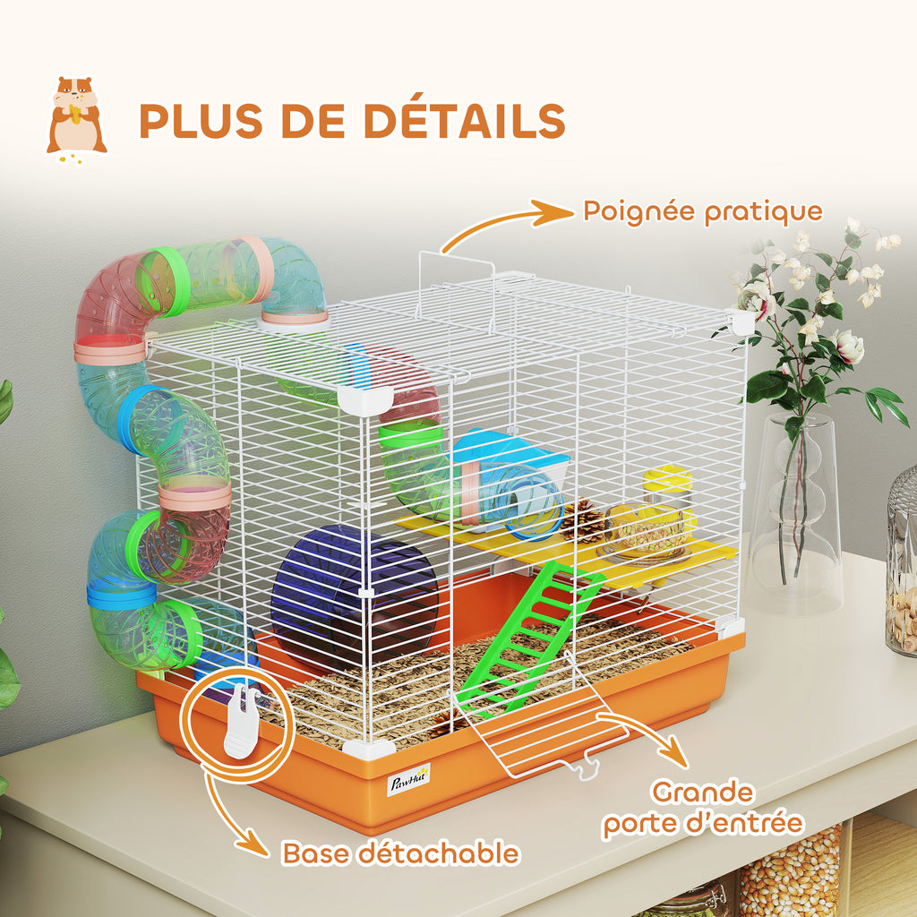 Cage à Hamster Rongeur 2 Niveaux avec Tunnel, Biberon d'Eau, Roue, Maisonnette, Échelles, 46 x 30 x 37 cm, Orange-5