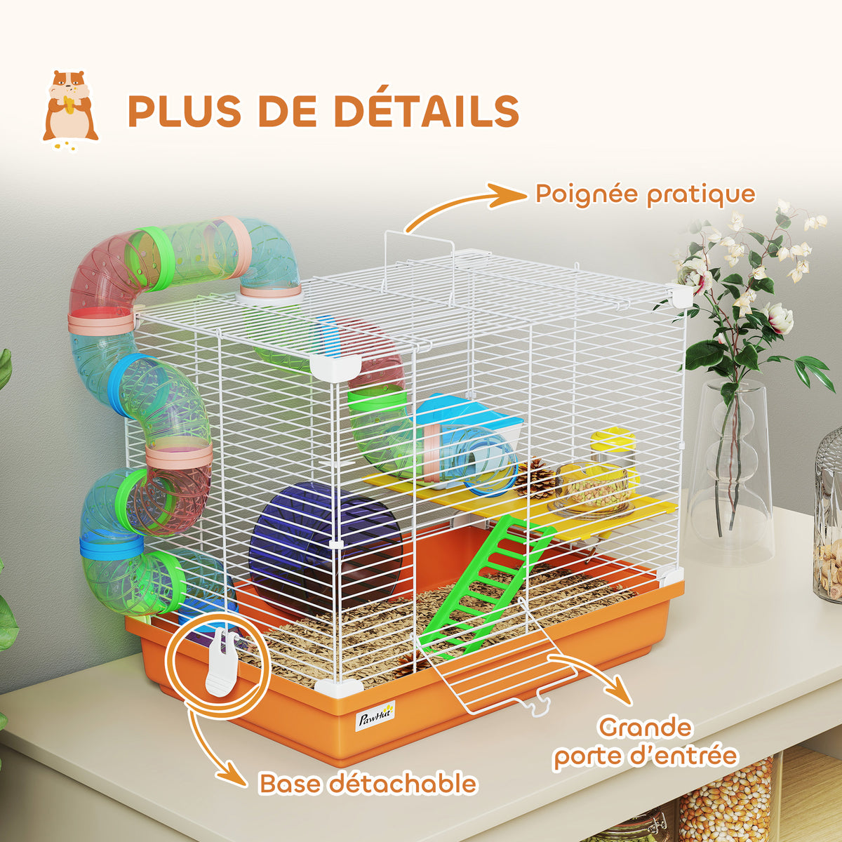 Cage à Hamster Rongeur 2 Niveaux avec Tunnel, Biberon d'Eau, Roue, Maisonnette, Échelles, 46 x 30 x 37 cm, Orange-5