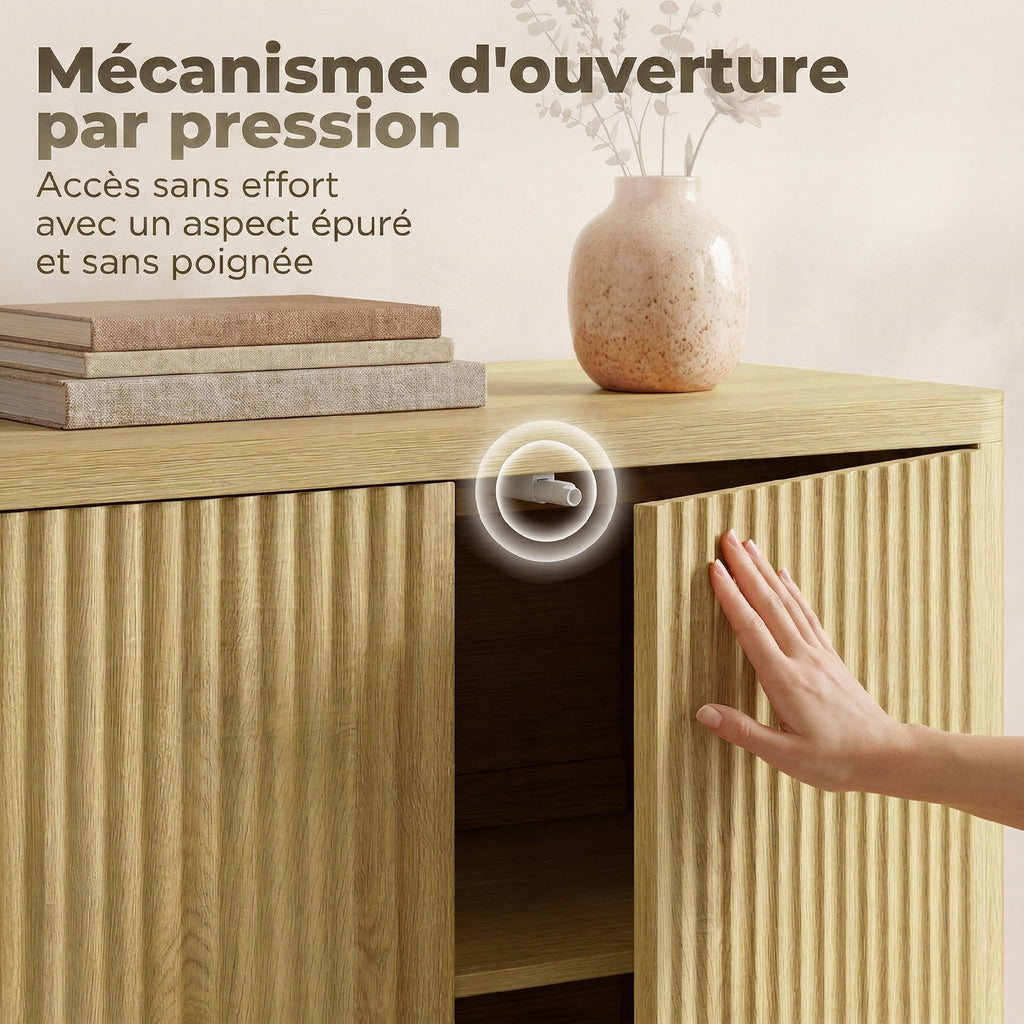 Buffet salon, meuble de rangement avec 4 portes rainurées, étagère réglable, ouverture par pression, 147x40x77cm, chêne-3