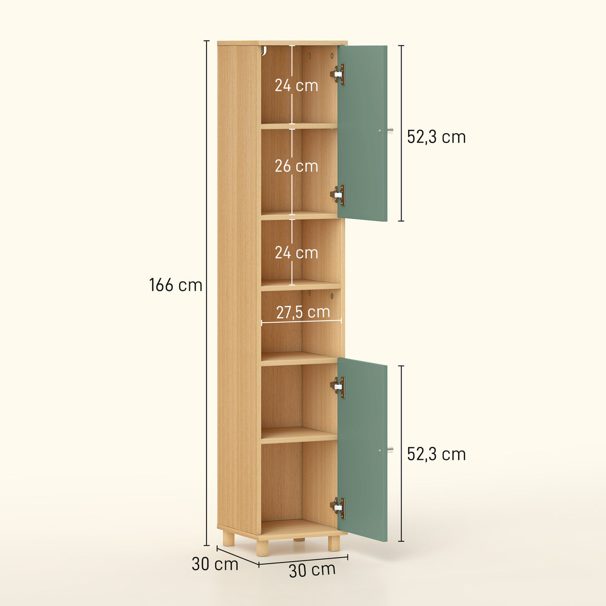 Meuble de salle de bain meuble de rangement 2 placards 2 compartiments ouverts étagères réglables 30 x 30 x 166 cm, vert-2