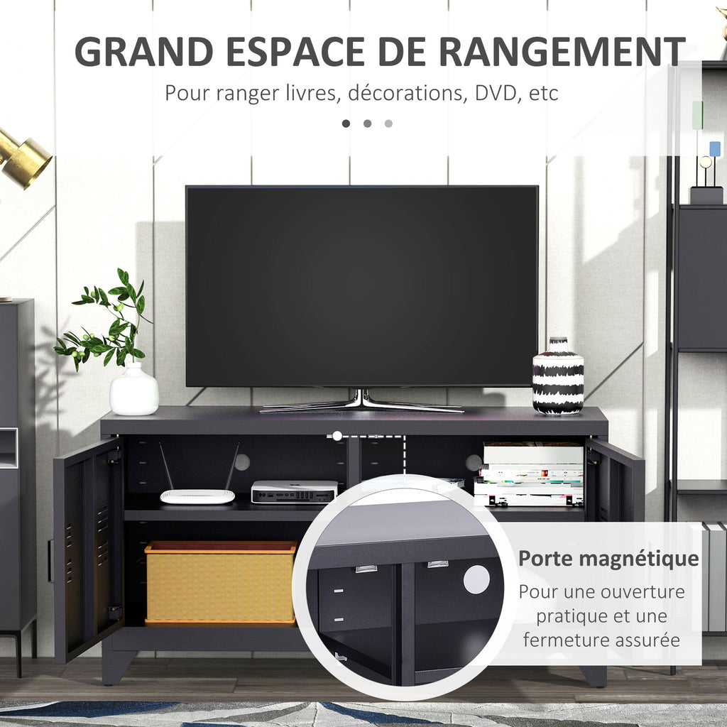 Meuble TV banc télévision design industriel 2 placards avec 2 étagères réglables passe-câbles structure acier noir-3