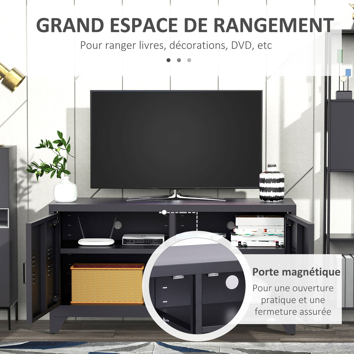 Meuble TV banc télévision design industriel 2 placards avec 2 étagères réglables passe-câbles structure acier noir-3