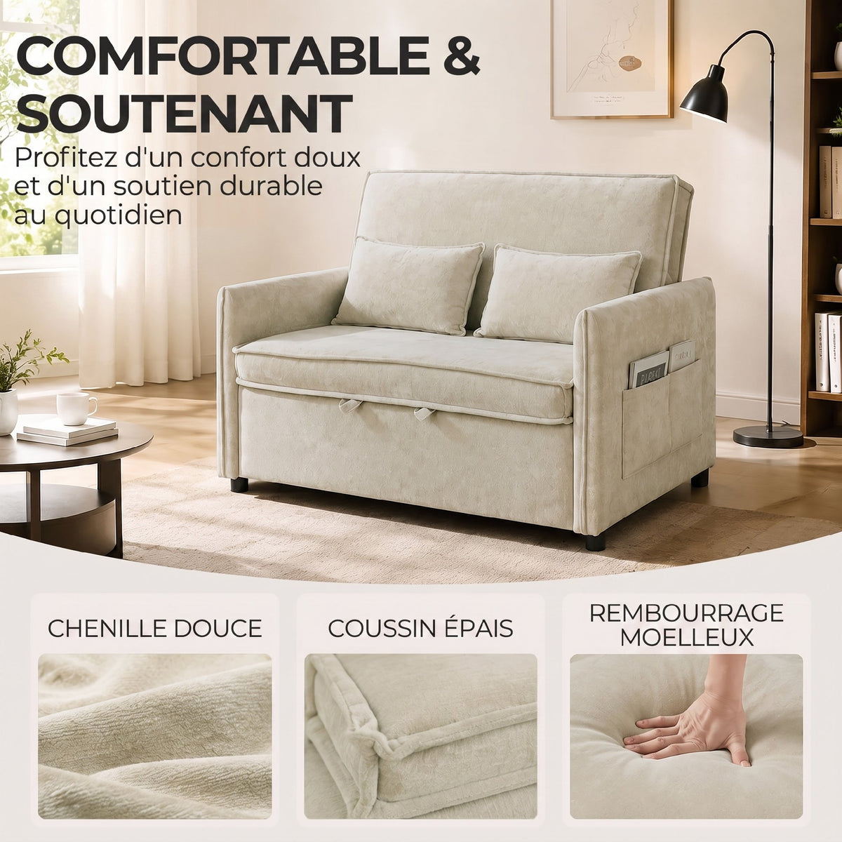 Canapé Convertible 2 Places, Canapé-Lit 3 en 1 Chenille 125 cm avec Dossier Réglable, Assise Large, 2 Oreillers, Crème-4