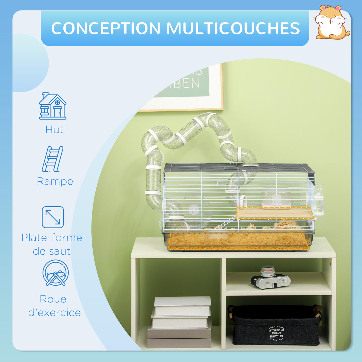 Cage hamster cage rongeur avec tunnel et accessoires inclus fil d'acier 58 x 32 x 31 cm gris-4