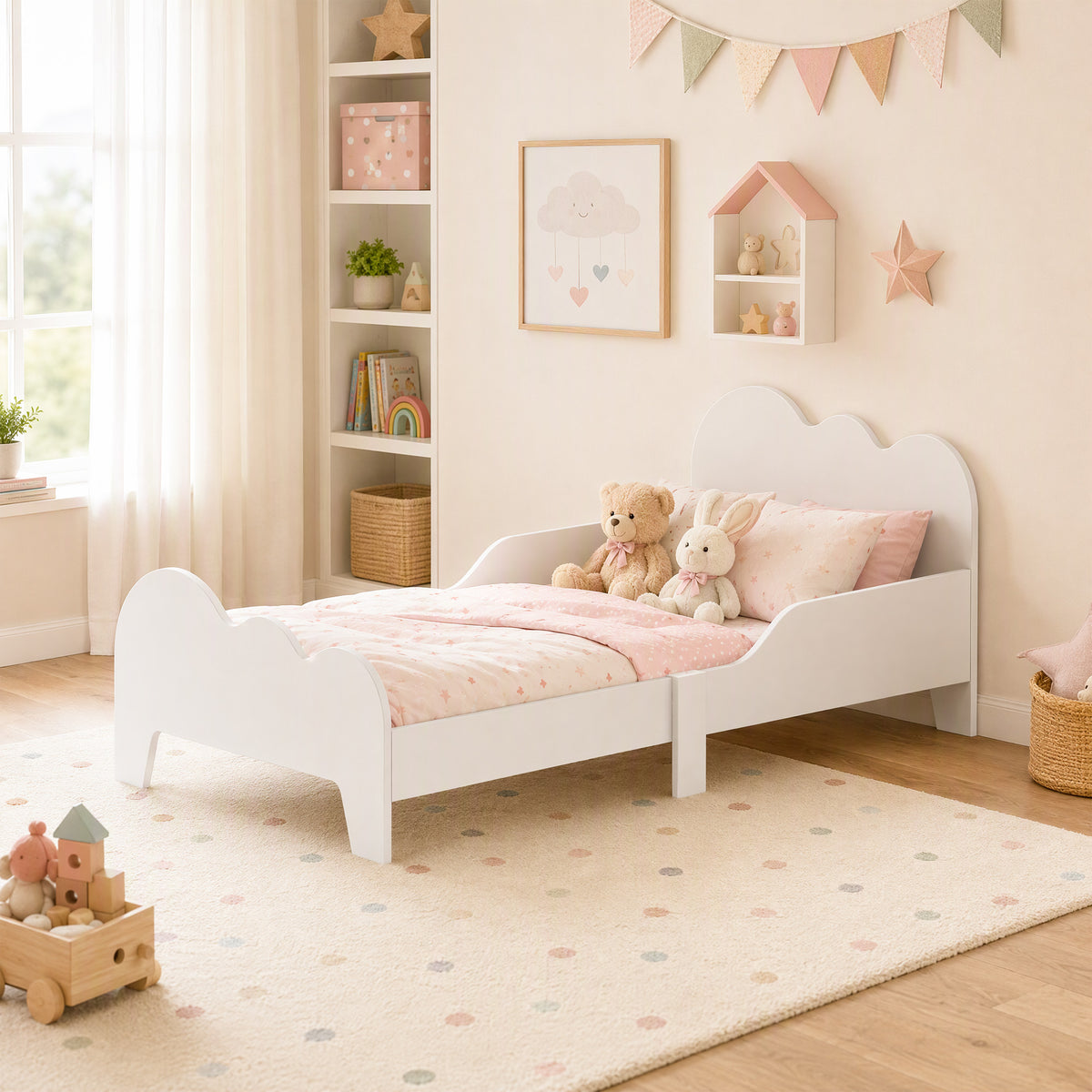 Lit enfant lit au sol enfant 70x140 cm avec barrière de sécurité, sommier à lattes inclus et décorations de nuage, blanc-1