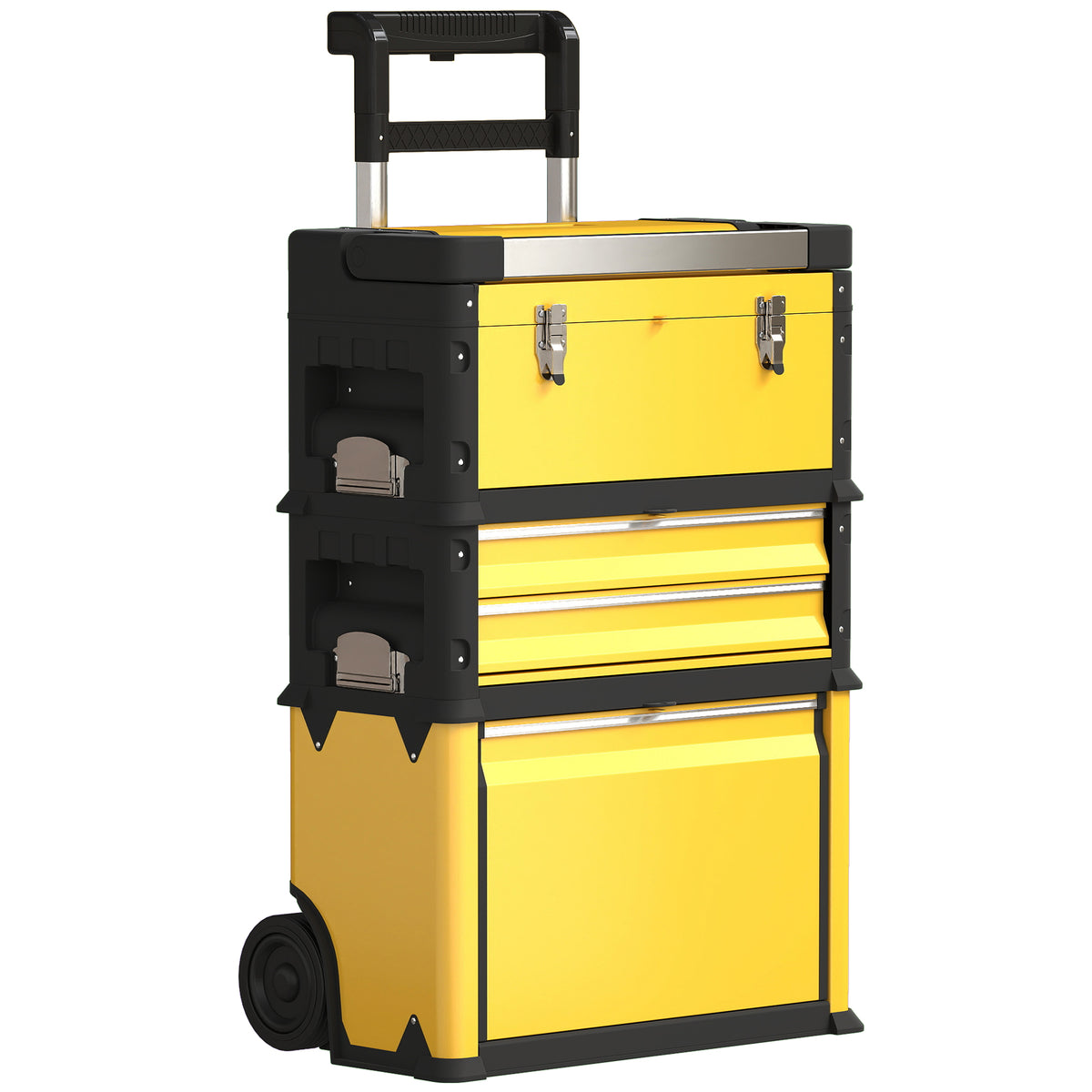Lot de 3 boîtes à outils sur roulettes empilables et modulaires en acier avec plateau, poignées et serrure, jaune-0
