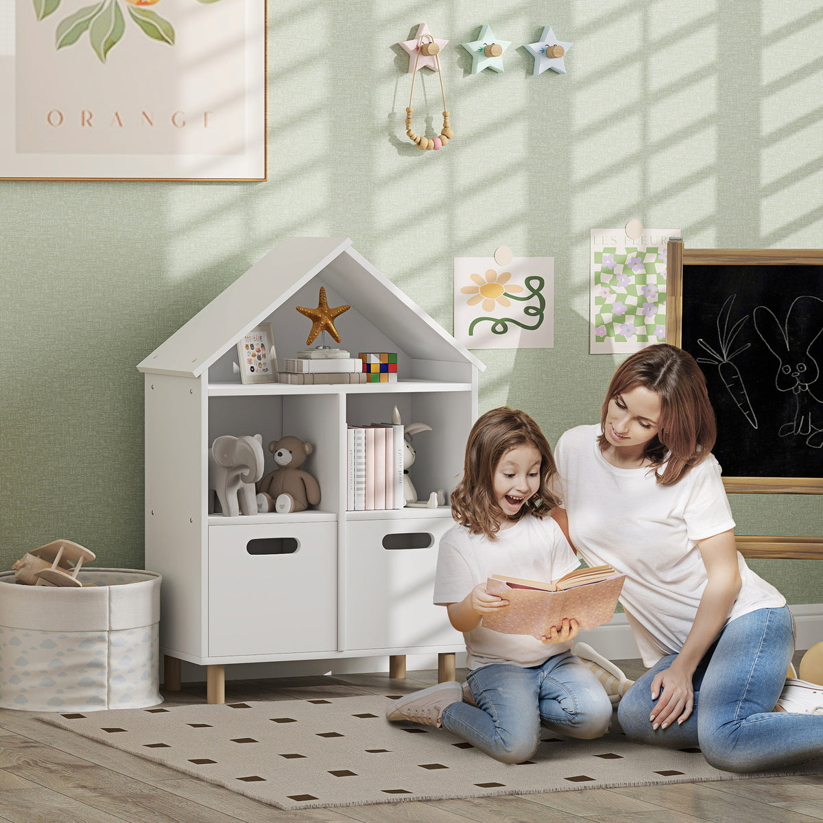 Bibliothèque enfants meuble de rangement enfants 3 niveaux avec deux tiroirs forme de maison 63,7 x 29,7 x 89 cm blanc-1