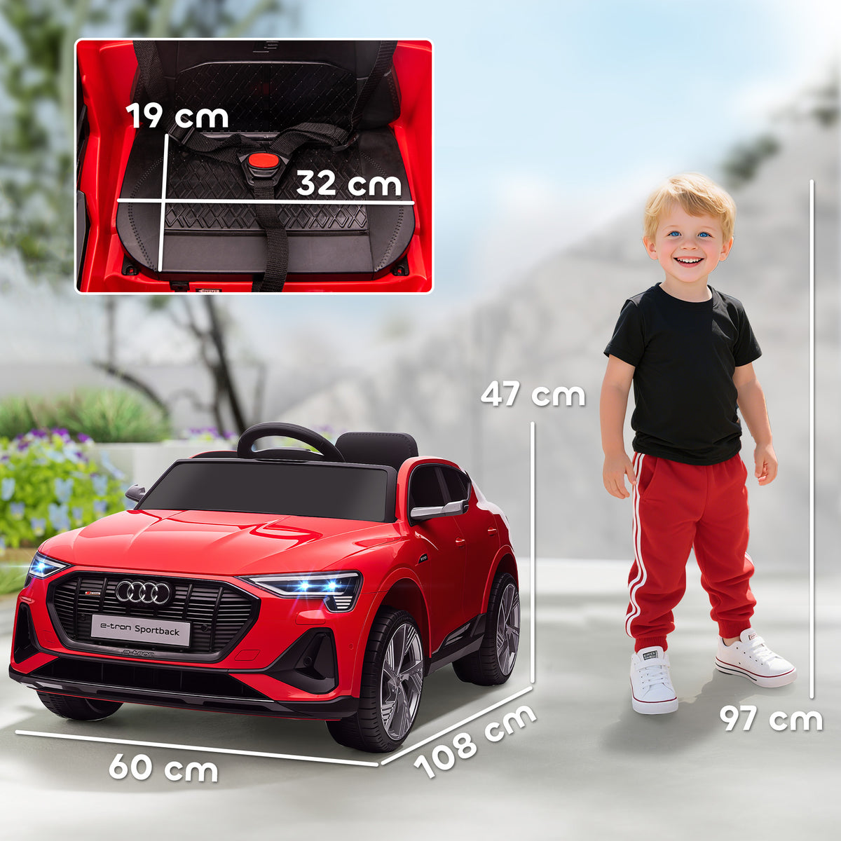 Voiture électrique enfants sous Licence Audi e-tron Sportback, véhicule électrique 12V Max. 5 Km/h avec télécommande 2,4G, phares LED, musique, klaxon, port USB, MP3, rouge-2