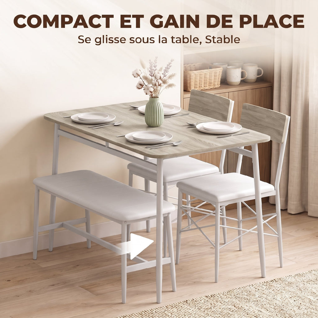 Ensemble Table Salle à Manger avec 2 Chaises et Banc, Assises Rembourrées, pour Salon, Petit Espace, Chêne et Blanc-4