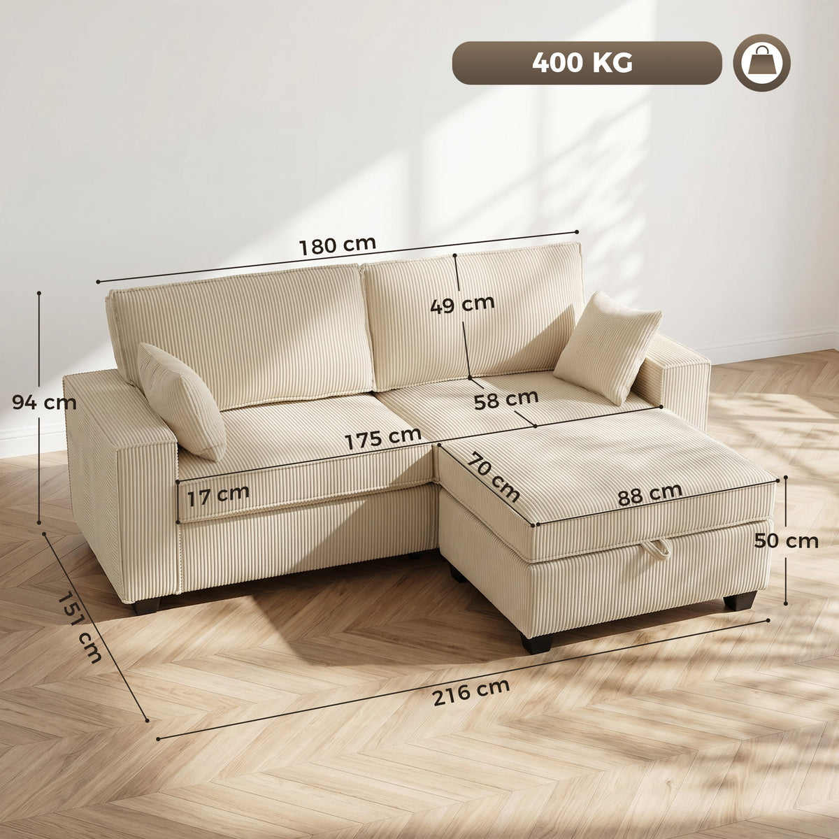 Canapé 3 Places avec Pouf de Rangement, Canapé d'Angle en Velours Côtelé, Assise Large, 2 Coussins, Beige-2
