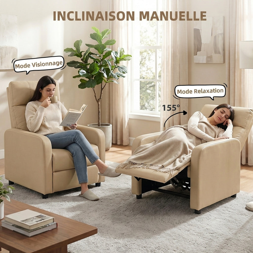 Fauteuil Relax Inclinable, Fauteuil de Relaxation en PU avec Repose-Pieds, Dossier Réglable par Poussée, Beige-3