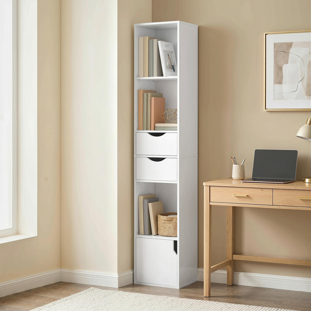Bibliothèque étagère de rangement avec porte, 2 tiroirs, compartiments ouverts et étagère réglable, 30x24x158cm, blanc-9