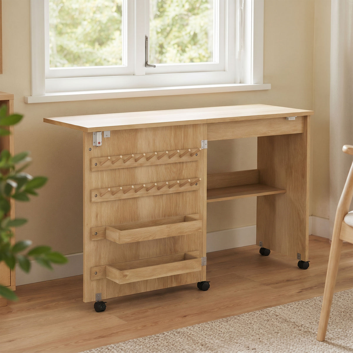 Table de Couture Pliante, Meuble Couture Roulant, Porte Magnétique de Grange, 2 Bacs, Étagère, 18 Chevilles, Naturel-1