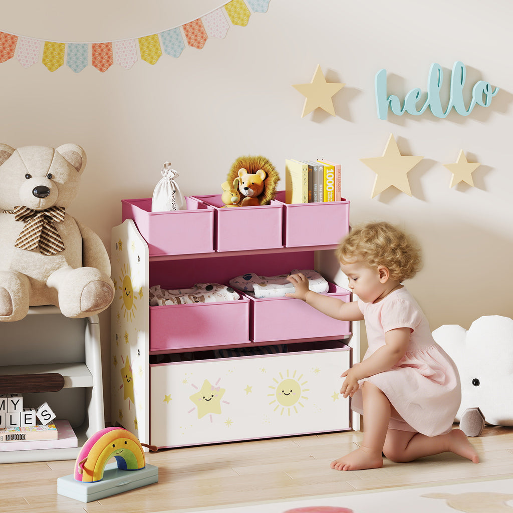 Meuble rangement enfant à 3 niveaux, étagère de rangement pour jouets enfants avec 6 boîtes en tissu amovibles, rose-9