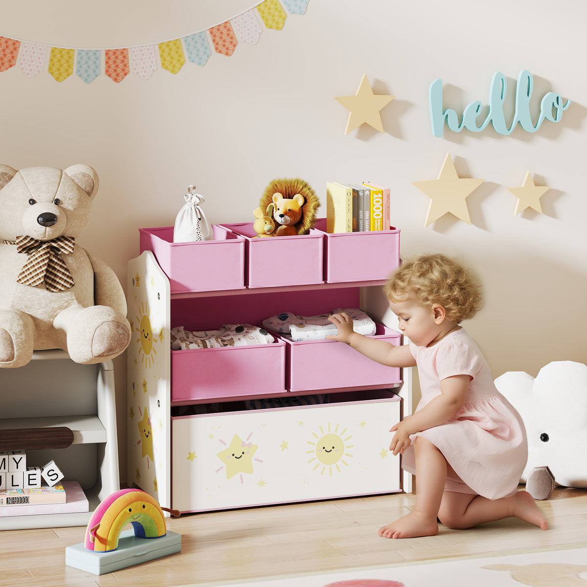 Meuble rangement enfant à 3 niveaux, étagère de rangement pour jouets enfants avec 6 boîtes en tissu amovibles, rose-9
