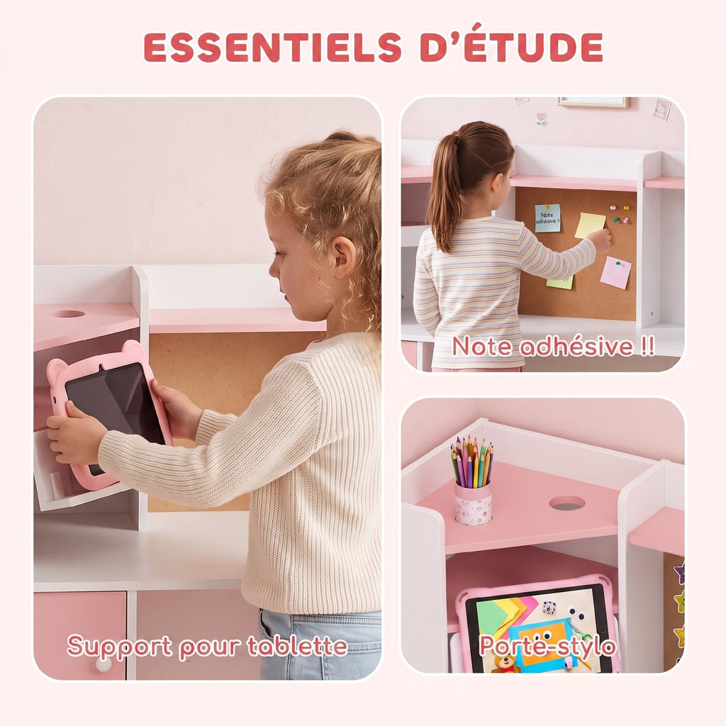 Bureau Enfant avec Chaise, Table d'Étude, Support de Tablette Réglable, Porte-Stylos, Panneau en Liège, 5-12 ans, Rose-4