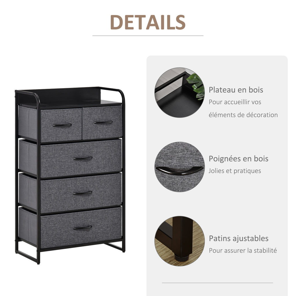 Commode Meuble de Rangement 5 tiroirs Pliables en Tissu 58 x 29 x 99 cm Gris-5